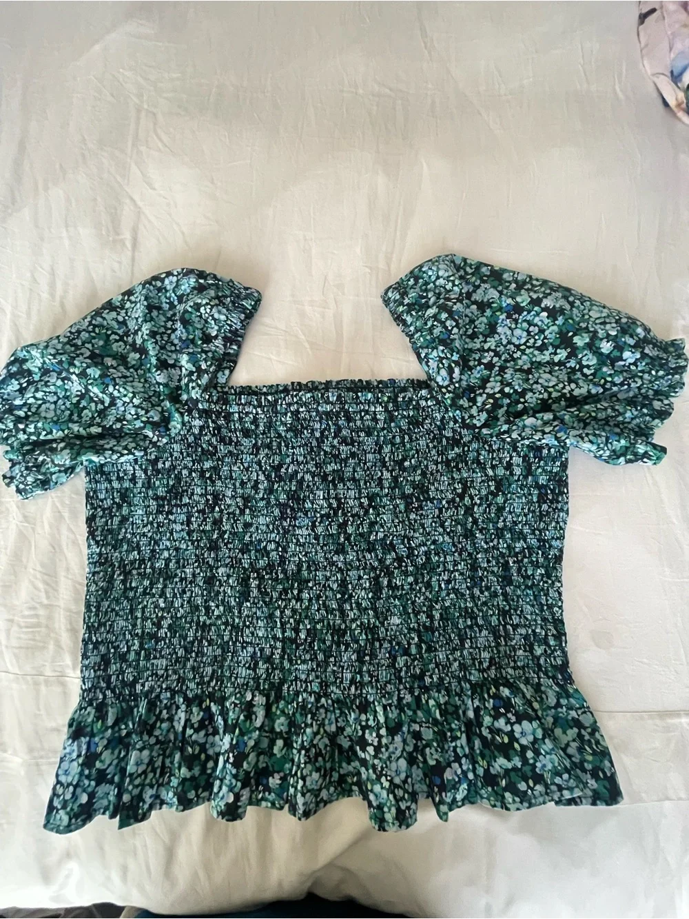 J. Crew Teal‎ and Black Smocked Square-Neck Puff Sleeve Blouse